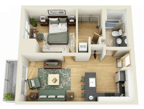 Floor plan for 1 bed, 1 bath, 611 sqft